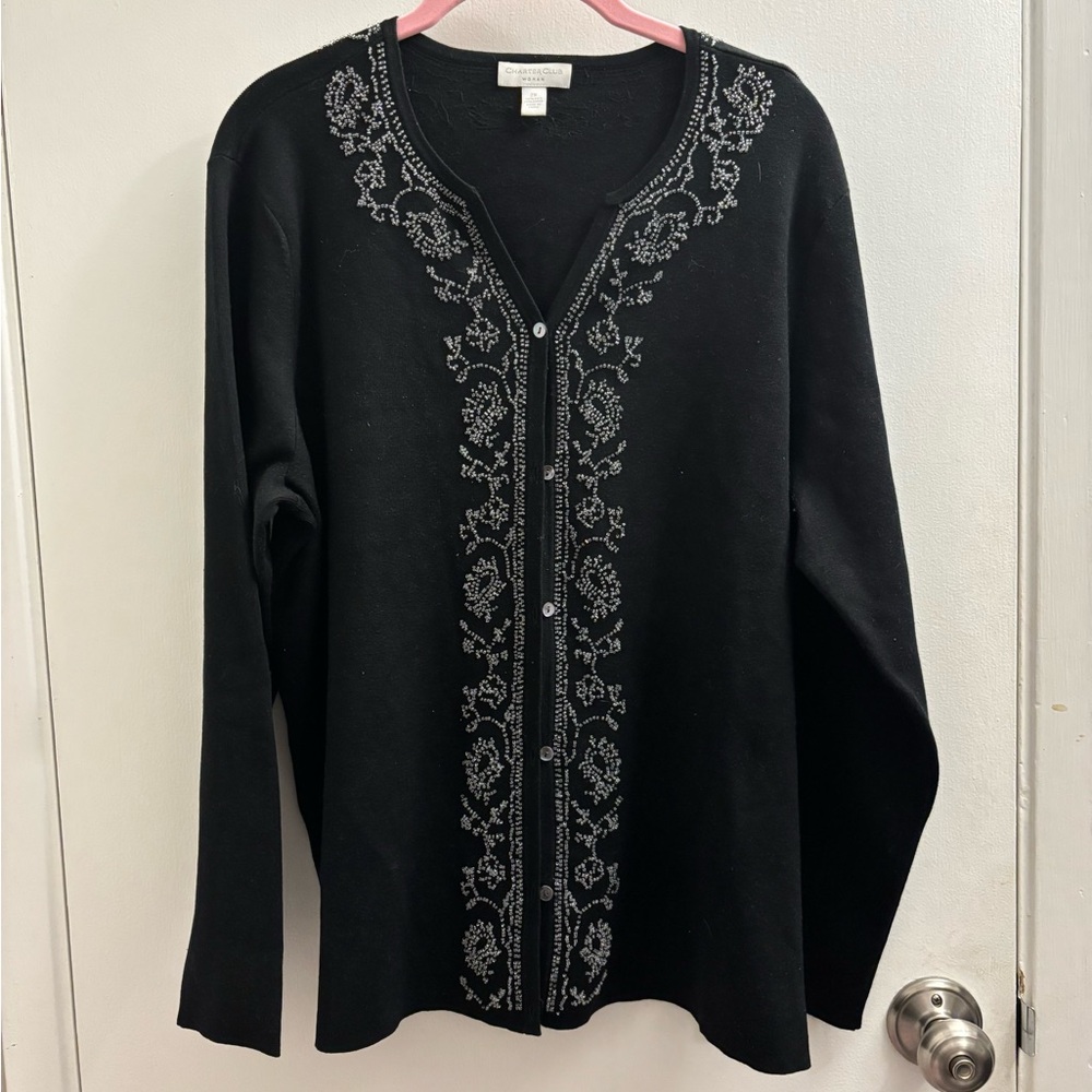 Charter Club Black Cardigan with Silver Embroidery